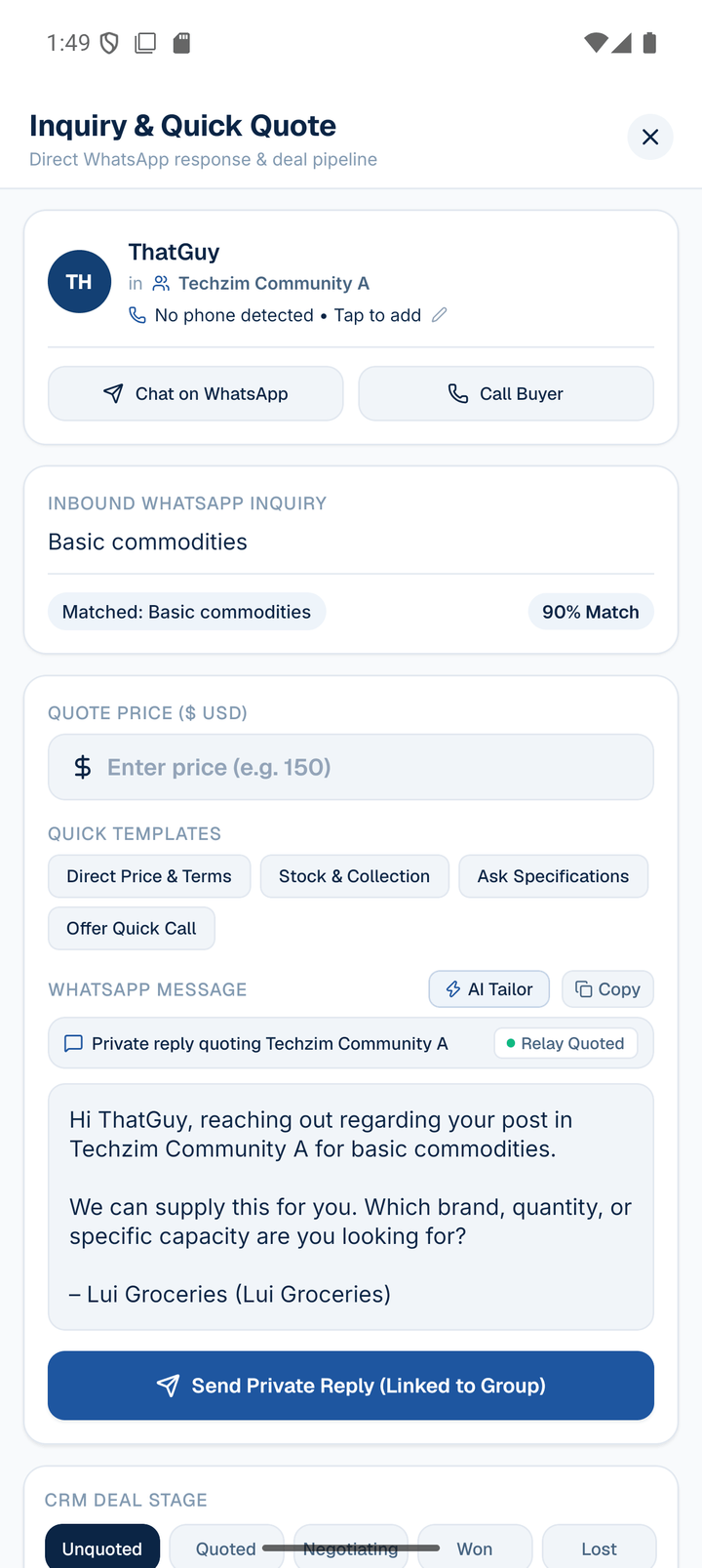 Mikana Inquiry & Quick Quote Screen